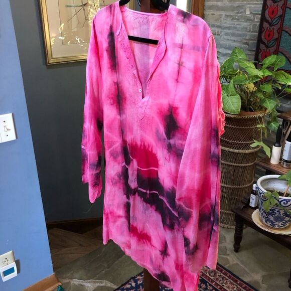 80s Vintage Indian Import V-Neck Tunic – Hand Dyed Pink, Red, Black size L - Picture 3 of 6